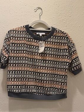 DR2 Openwork Knit Short Sleeve Top in Pink, Gray, Cream